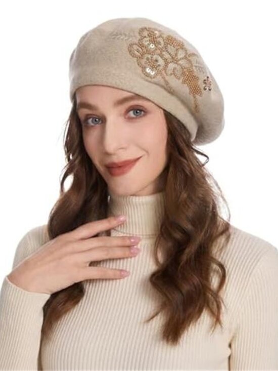 Women\'s French Beret Hat Reversible Knitted Thickened Warm Cap main image 6